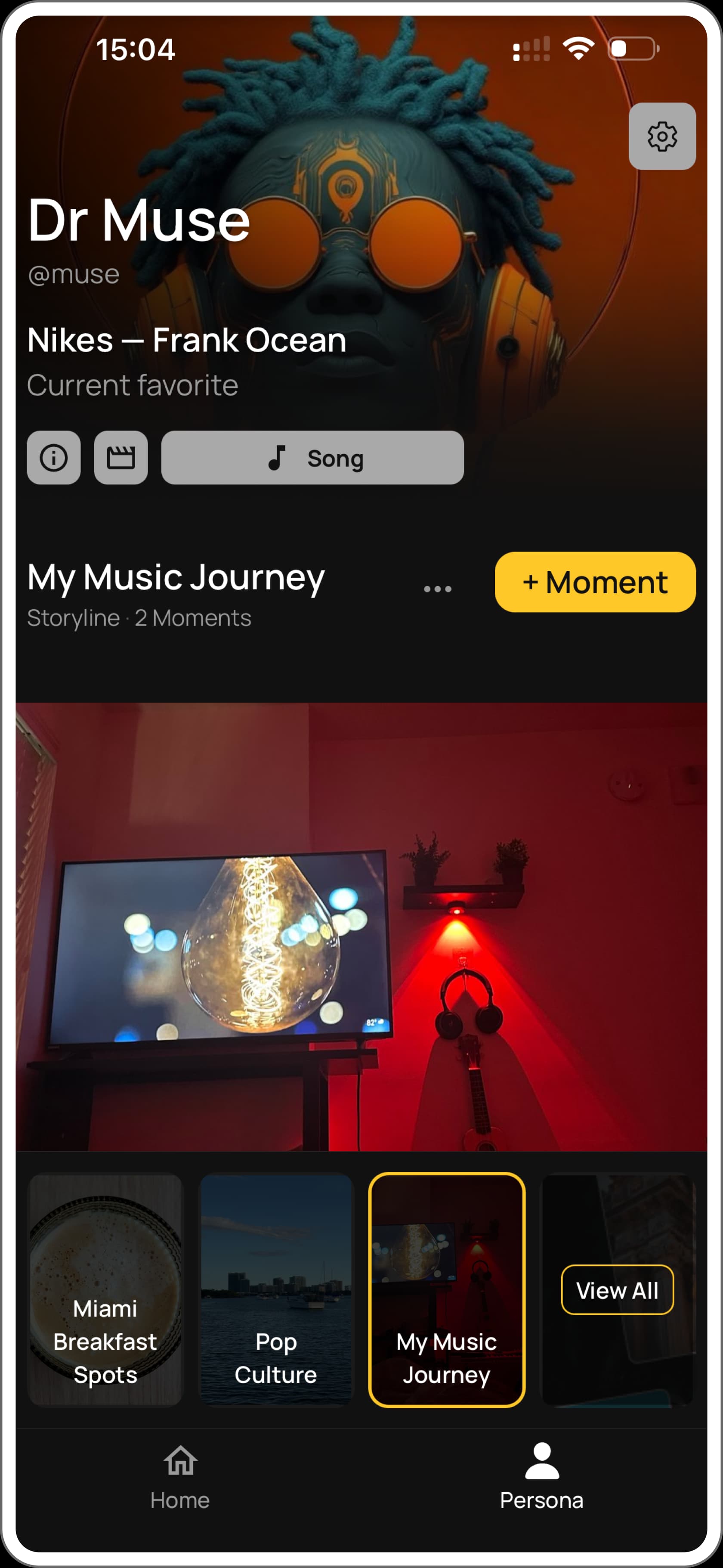 Dr Muse’s Persona, open to the My Music Journey Storyline: a room lit red around a glowing bulb, with Miami Breakfast Spots and Pop Culture below.