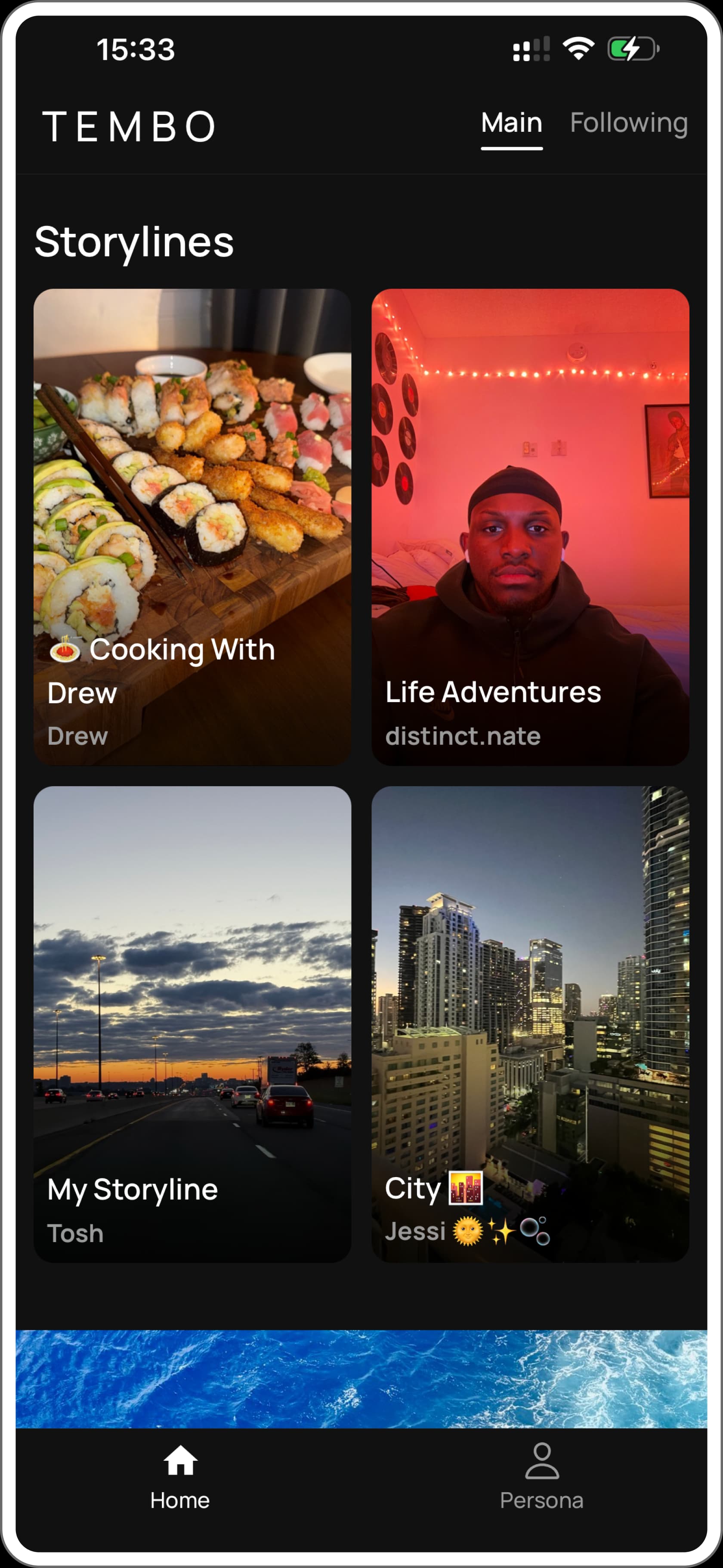 Tembo’s Main feed, a grid of Storylines with cover photos: Cooking With Drew, Life Adventures, My Storyline, and City.